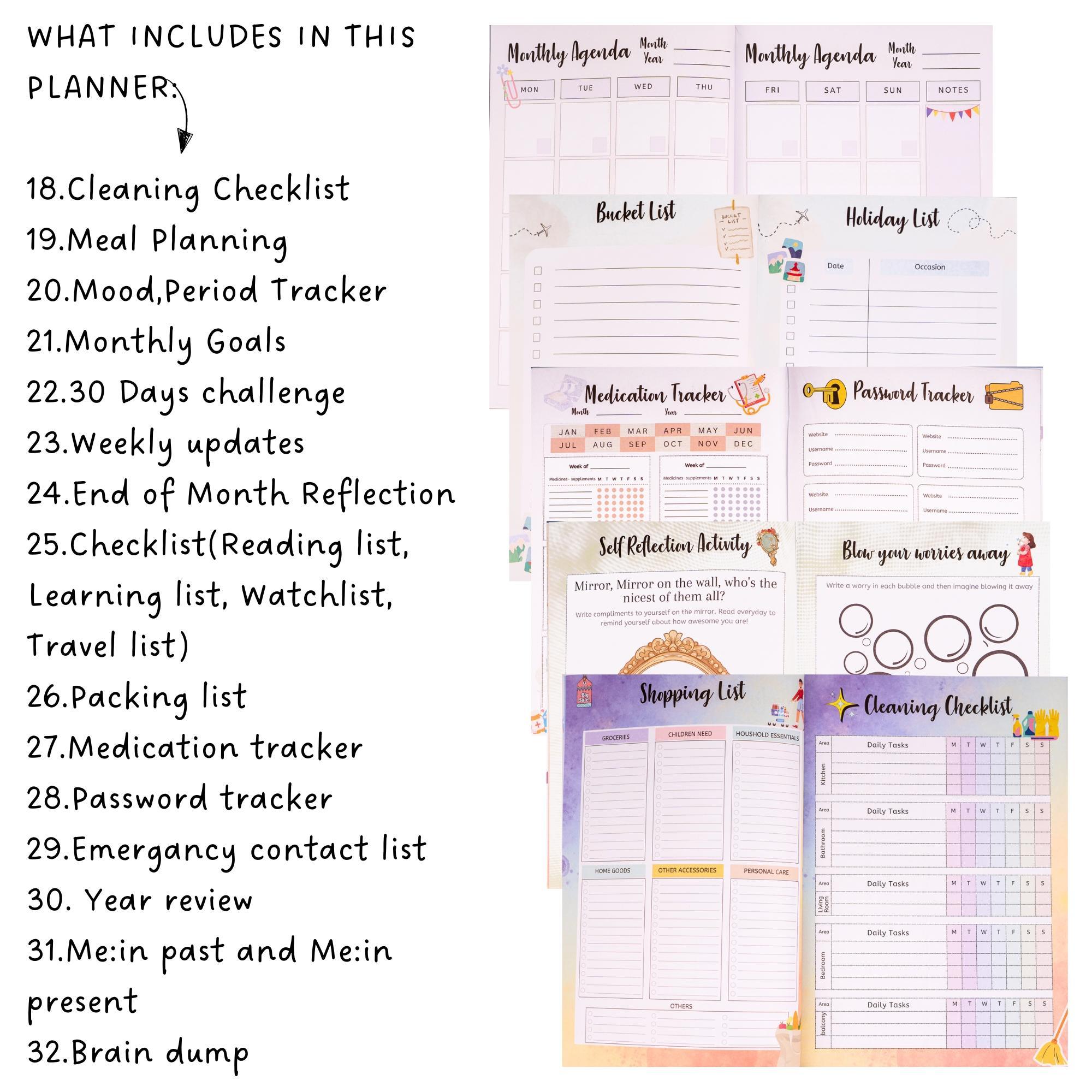 Bloom within thoughts - Undated Planner Combo| 320 pages Matte laminatation Undated Planner|100 GSM| 500+ Aesthetic non tearable Sticker book|FREE BOOKMARK | FREE PANDA MINI NOTEPAD |Weekly Ajenda,Monthly view,Sleep tracker,Habbit tracker,Medication Tracker,Budget planning | 15cm x 23cm - Image 8