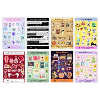 Pack of 8 Sticker Sheets Vintage, Cute , Retro, flower, Holographic, Motivational Quotes, Valentines day, Love Stamp Sticker Sheet | Matte Lamination | Peel and Paste | Stickers For Laptop,Journal,Planner Bike,Scrapbook,diary | Waterproof | Self Adhesive | Residue Free