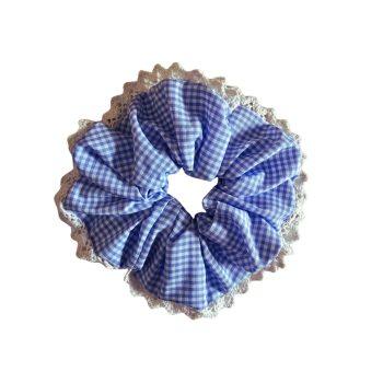 Pastel Blue Gingham Checkered Polyester Fabric XXL Scrunchies, Anti-Hair-Breakage, Hair Ties, Scrunchies For Girls, Women.