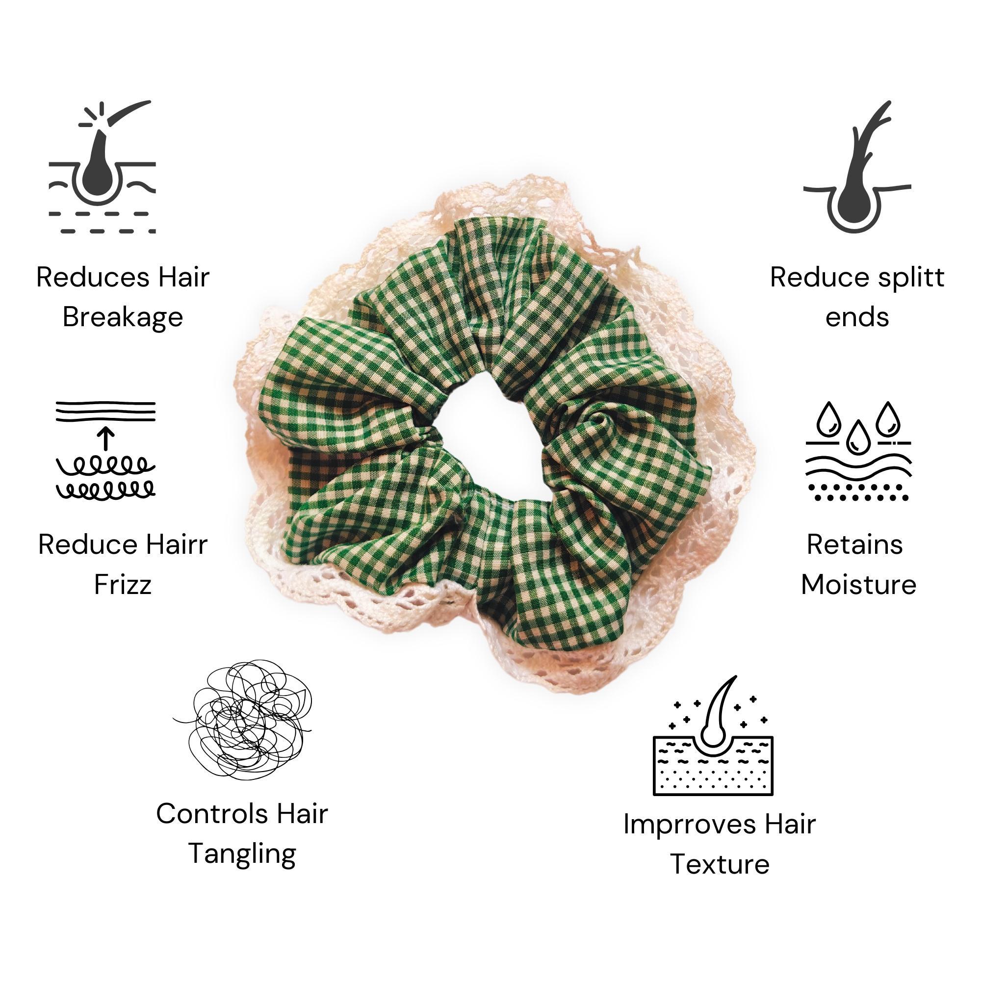 Green Checkered Polyester Gingham Fabric, Crochet Lace XXL Scrunchies Anti-Hair-Breakage, Hair Ties, Scrunchies For Girls, Women - Image 2