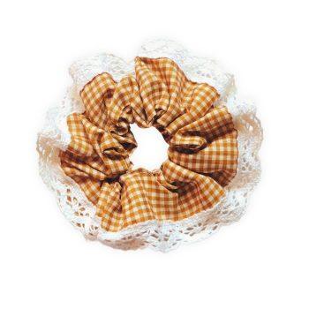Beige Checkered Polyester Gingham Fabric, Crochet Lace XXL Scrunchies Anti-Hair-Breakage, Hair Ties, Scrunchies For Girls, Women