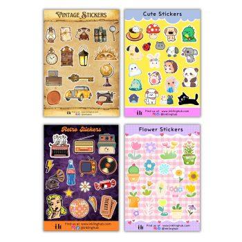Pack of 4 Sticker Sheets Vintage,Cute,Retro,flower,Sticker Sheet | Matte Lamination | Peel and Paste | Stickers For Laptop,Journal,Planner Bike,Scrapbook,diary | Waterproof | Self Adhesive | Residue Free