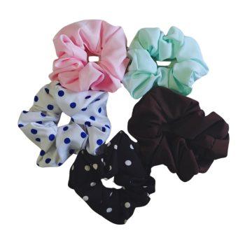 Set of 5 Luxury Polka Dots Soft Polyester Fabraic XXL Scrunchies, (Blue/white ,Coffee,Black/White,Baby Pink,Aqua) Anti-Hair-Breakage, Hair Ties, Scrunchies For Girls, Women