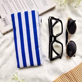 Handcrafted Soft pure cotton fabric Protective Sunglasses Case/Pouch for Women & Men | Anti-scratch Eyeglass Case Pouches |Glares Case Soft Cover sunglass pouch,Spectacles Pouch, Sunglasses Cover for Goggles Women | Fancy Cute Eyeglasses/Sunglasses Case for Women/Girls (Blue/White Strips)