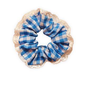 Blue Checkered Polyester Gingham Fabric, Crochet Lace XXL Scrunchies Anti-Hair-Breakage, Hair Ties, Scrunchies For Girls, Women