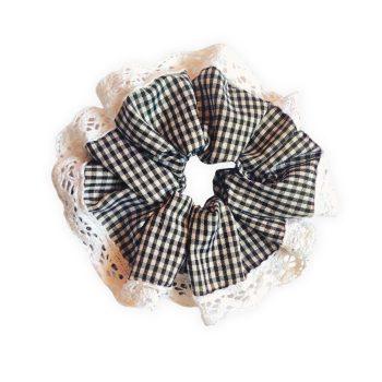 Black Checkered Polyester Gingham Fabric, Crochet Lace XXL Scrunchies Anti-Hair-Breakage, Hair Ties, Scrunchies For Girls, Women