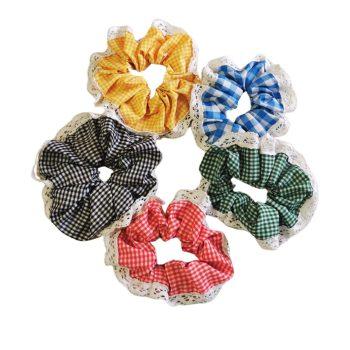 Set of 5 Luxury Gingham Checkered Polyester Fabric XXL Scrunchies, (Yellow, Green,Blue,Black,Red) Anti-Hair-Breakage, Hair Ties, Scrunchies For Girls, Women