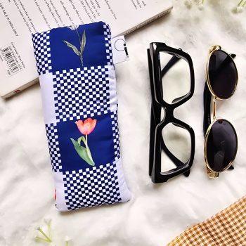 Handcrafted Soft pure cotton fabric Protective Sunglasses Case/Pouch for Women & Men | Anti-scratch Eyeglass Case Pouches |Glares Case Soft Cover sunglass pouch,Spectacles Pouch, Sunglasses Cover for Goggles Women | Fancy Cute Eyeglasses/Sunglasses Case for Women/Girls (Blue checks floral)
