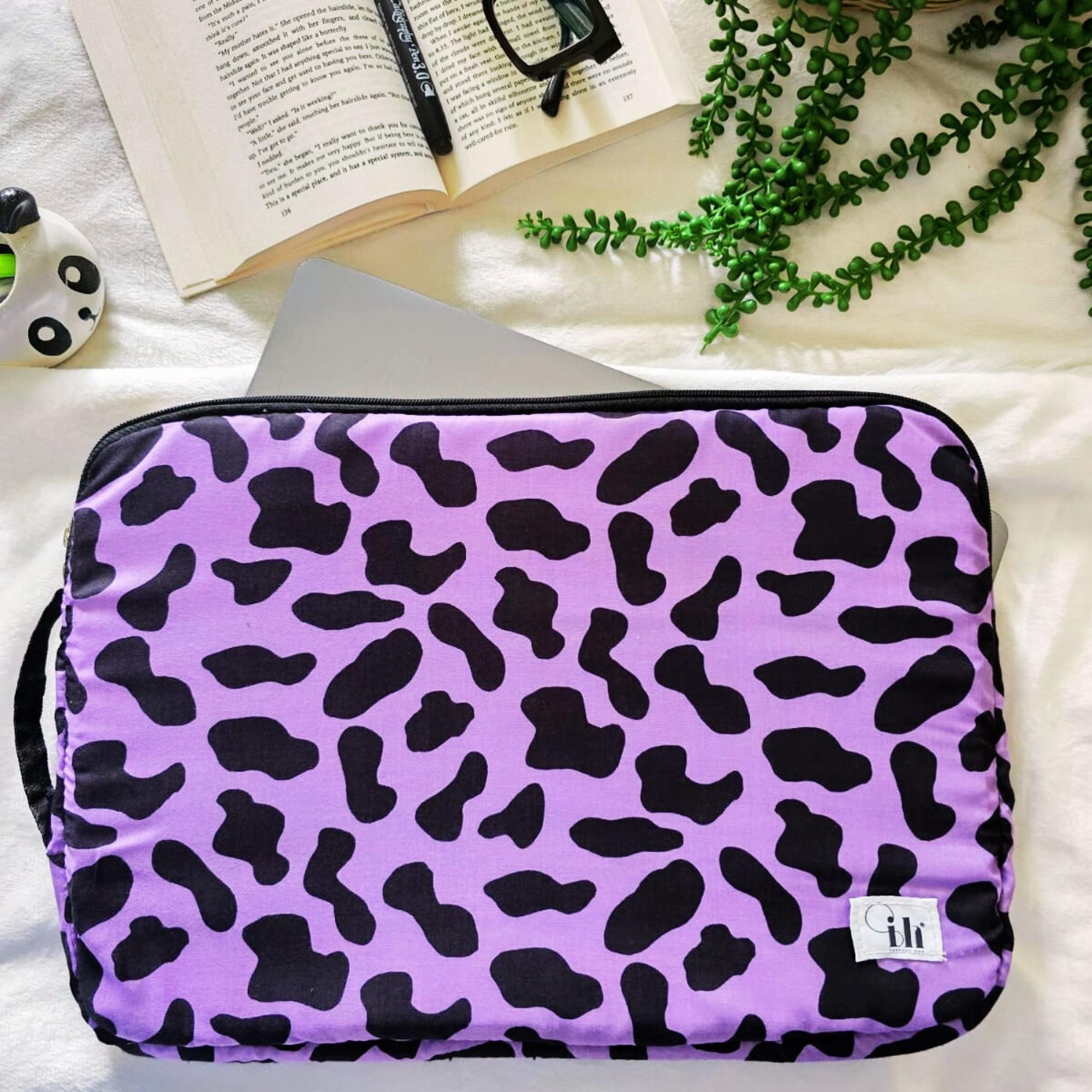 Handcrafted Laptop Bag/Laptop Sleeve Case/Laptop Pouch – Slim & Lightweight Waterproof Cover,Compact Zipper Case, Washable Printed Cotton Fabric, Foam Cushioned with Protective Liner, Slim & Lightweight Cover for All Laptops & MacBooks (Dimensions 16 x 11 Inches)(Purple Animal Print)