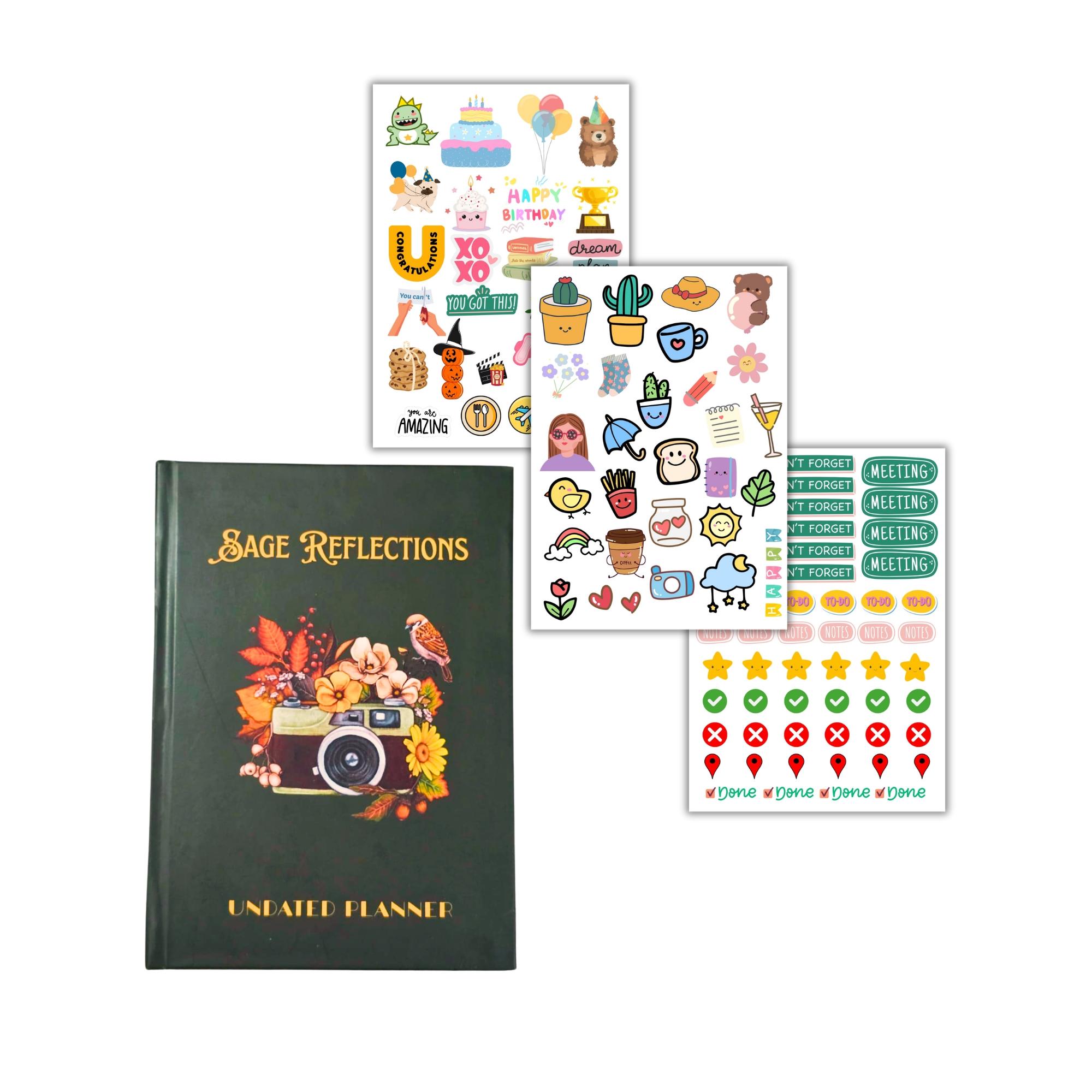 Sage Reflections- Undated Planner| 320 pages Matte laminatation Undated Planner|100 GSM|Free 3 non tearable Sticker sheets and Bookmark |Weekly Ajenda,Monthly view,Sleep tracker,Habbit tracker,Medication Tracker,Budget planning | 15cm x 23cm - Image 3