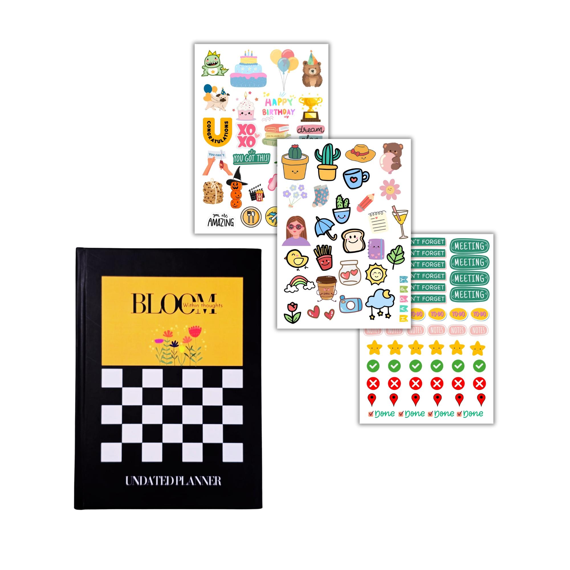 Bloom within thoughts - Undated Planner Combo| 320 pages Matte laminatation Undated Planner|100 GSM| 500+ Aesthetic non tearable Sticker book|FREE BOOKMARK | FREE PANDA MINI NOTEPAD |Weekly Ajenda,Monthly view,Sleep tracker,Habbit tracker,Medication Tracker,Budget planning | 15cm x 23cm - Image 2