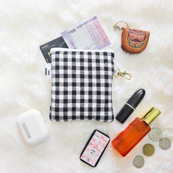 Compact Coin Pouch/Zipper Pouch for Women | Stylish Mini Organizer Pouch| Travel-Friendly Purse |Multi-Purpose Coin Purse| Travel Essentials|Organizer for Cards, Keys & Accessories (White & Black Checkered)