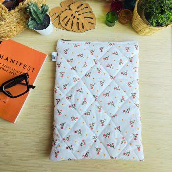 Handcrafted Quilted White floral 100%Cotton Fabric Book,Tablet,Ipad Sleeves |  Multicolor | padded inner lining | Washable Foaming Sheet | Padded Multipurpose Pouch/bag/tablet,ipad cover/Book Covers/Book Protector| Zip closure - 9 Inch x 11 Inch.