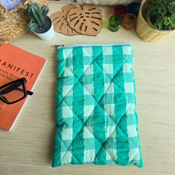 Handcrafted Quilted Green Checkered block Printed 100% Cotton crush Fabric Book,Tablet,Ipad Sleeves | Multicolor | padded inner lining | Washable Foaming Sheet | Padded Multipurpose Pouch/bag/tablet,ipad cover/Book Covers/Book Protector| Zip closure - 9 Inch x 11 Inch