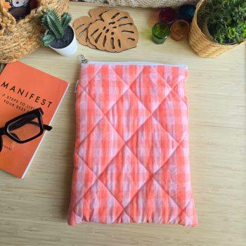 Handcrafted Quilted Pink Orange Checkered block Printed 100% Cotton crush Fabric Book,Tablet,Ipad Sleeves | Multicolor | padded inner lining | Washable Foaming Sheet | Padded Multipurpose Pouch/bag/tablet,ipad cover/Book Covers/Book Protector| Zip closure - 9 Inch x 11 Inch