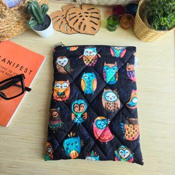Handcrafted Quilted Owl animal Printed 100% Cotton Fabric Book,Tablet,Ipad Sleeves | Multicolor | padded inner lining | Washable Foaming Sheet | Padded Multipurpose Pouch/bag/tablet,ipad cover/Book Covers/Book Protector| Zip closure - 9 Inch x 11 Inch