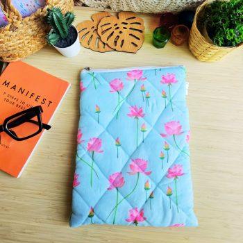 Handcrafted Quilted Pink Lotus Printed 100% Cotton Fabric Book,Tablet,Ipad Sleeves |  Multicolor | padded inner lining | Washable Foaming Sheet | Padded Multipurpose Pouch/bag/tablet,ipad cover/Book Covers/Book Protector| Zip closure - 9 Inch x 11 Inch