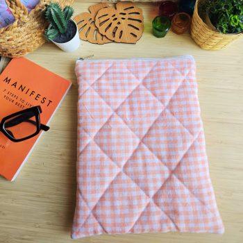Handcrafted Quilted Peach Checkered Printed 100% Cotton Fabric Book,Tablet,Ipad Sleeves |  Multicolor | padded inner lining | Washable Foaming Sheet | Padded Multipurpose Pouch/bag/tablet,ipad cover/Book Covers/Book Protector| Zip closure - 9 Inch x 11 Inch