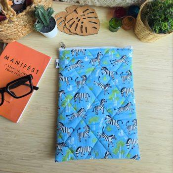 Handcrafted Quilted Zebra Printed 100% Cotton Fabric Book,Tablet,Ipad Sleeves | Multicolor | padded inner lining | Washable Foaming Sheet | Padded Multipurpose Pouch/bag/tablet,ipad cover/Book Covers/Book Protector| Zip closure - 9 Inch x 11 Inch