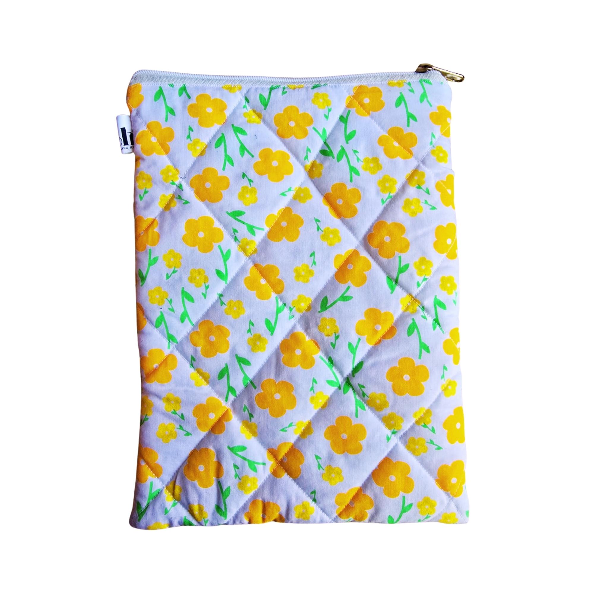 Handcrafted Quilted Yellow Floral Printed 100% Cotton Fabric Book,Tablet,Ipad Sleeves | Multicolor | padded inner lining | Washable Foaming Sheet | Padded Multipurpose Pouch/bag/tablet,ipad cover/Book Covers/Book Protector| Zip closure - 9 Inch x 11 Inch - Image 3