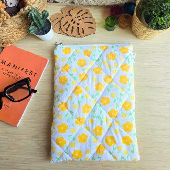 Handcrafted Quilted Yellow Floral Printed 100% Cotton Fabric Book,Tablet,Ipad Sleeves | Multicolor | padded inner lining | Washable Foaming Sheet | Padded Multipurpose Pouch/bag/tablet,ipad cover/Book Covers/Book Protector| Zip closure - 9 Inch x 11 Inch
