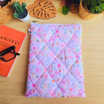 Handcrafted Quilted Pink Watercolor Printed 100% Cotton Fabric Book,Tablet,Ipad Sleeves | Multicolor | padded inner lining | Washable Foaming Sheet | Padded Multipurpose Pouch/bag/tablet,ipad cover/Book Covers/Book Protector| Zip closure - 9 Inch x 11 Inch
