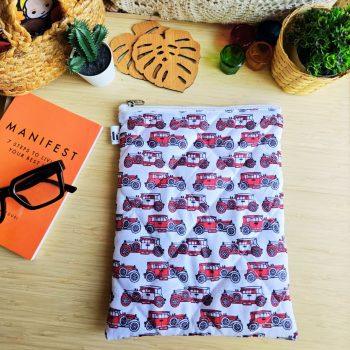 Handcrafted Quilted Red Car Printed 100%Cotton Fabric Book,Tablet,Ipad Sleeves |  Multicolor | padded inner lining | Washable Foaming Sheet | Padded Multipurpose Pouch/bag/tablet,ipad cover/Book Covers/Book Protector| Zip closure - 9 Inch x 11 Inch