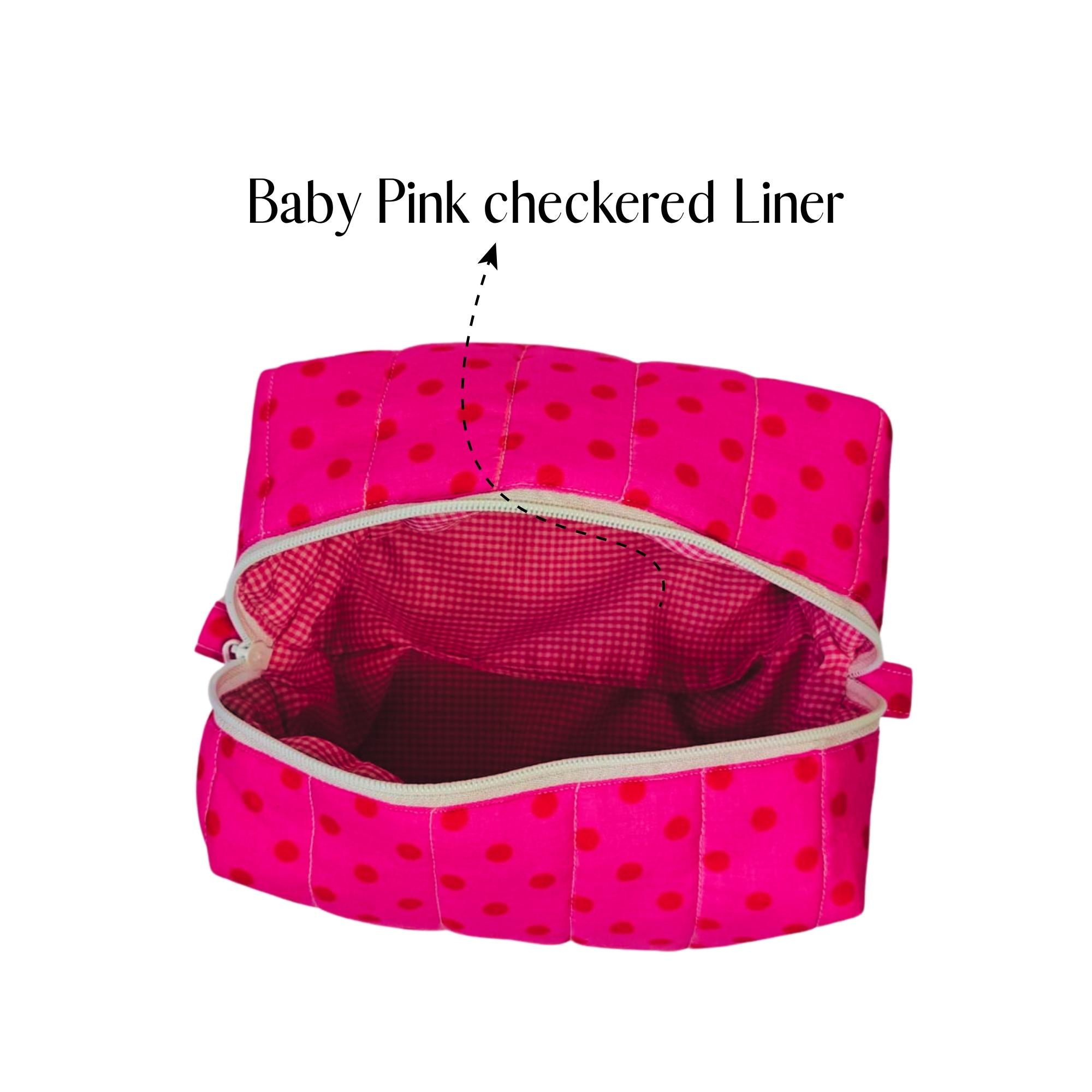 Pink-Red Polkadot Quilted Makeup Pouch for Women,Cosmetic Bag for Makeup, Toiletries & Travel Essentials,Zipper Organizer, Lightweight Vanity Pouch (13H,14W,22L) - Image 3