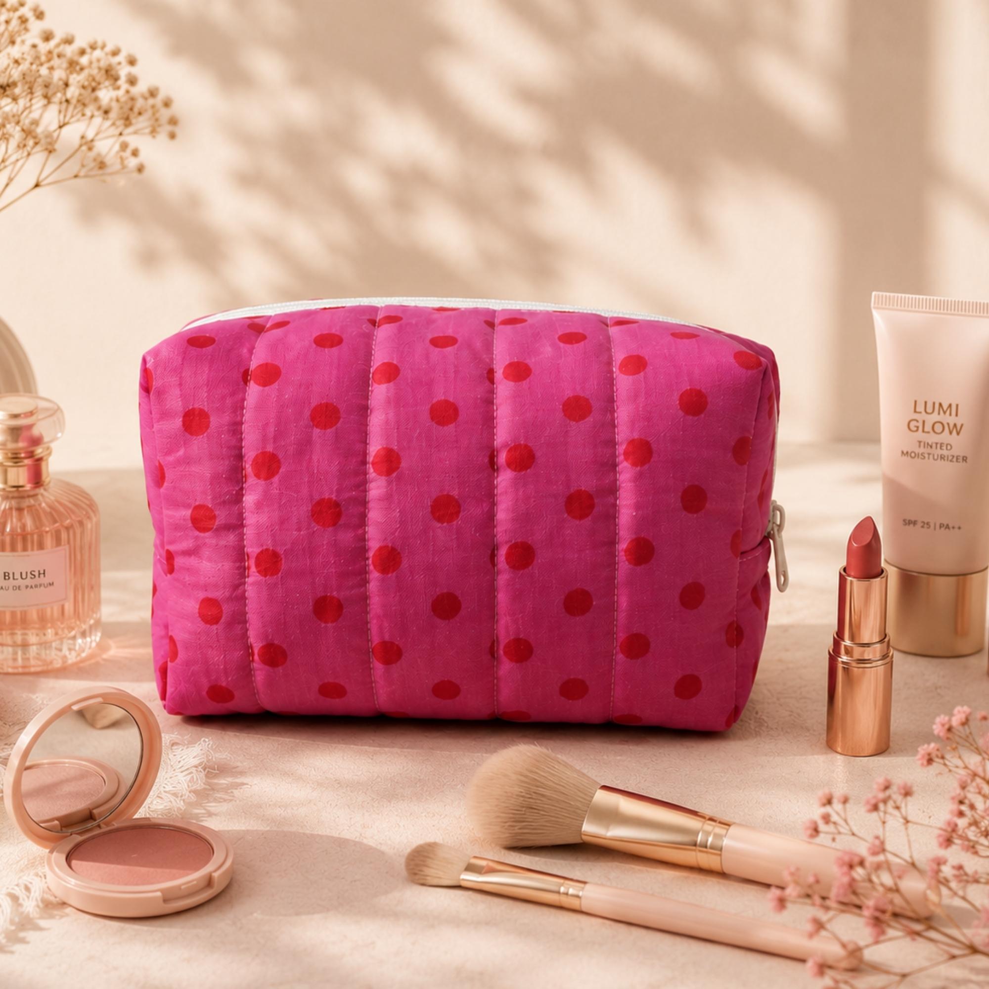 Pink-Red Polkadot Quilted Makeup Pouch for Women,Cosmetic Bag for Makeup, Toiletries & Travel Essentials,Zipper Organizer, Lightweight Vanity Pouch (13H,14W,22L)