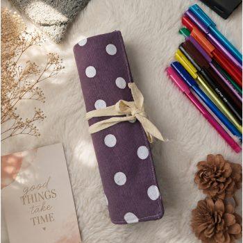 Canvas Pencil Wrap/Roll Case – 14-Slot Organizer for Colored Pencils,Pens,Markers & Art Tools | Roll-Up Storage Pouch for Kids and Adults(Polkadot)