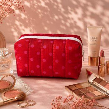 Red-Pink Polkadot Quilted Makeup Pouch for Women,Cosmetic Bag for Makeup,  Toiletries & Travel Essentials,Zipper Organizer, Lightweight Vanity Pouch (13H,14W,22L)