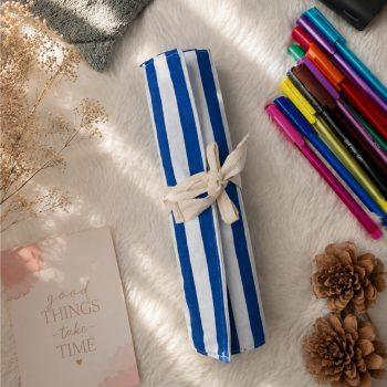 Canvas Pencil Wrap/Roll Case – 14-Slot Organizer for Colored Pencils,Pens,Markers & Art Tools | Roll-Up Storage Pouch for Kids and Adults(Blue Strips)