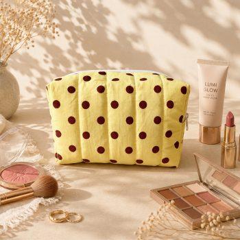 Yellow-Brown Polkadot Quilted Makeup Pouch for Women,Cosmetic Bag for Makeup,  Toiletries & Travel Essentials,Zipper Organizer, Lightweight Vanity Pouch (13H,14W,22L)