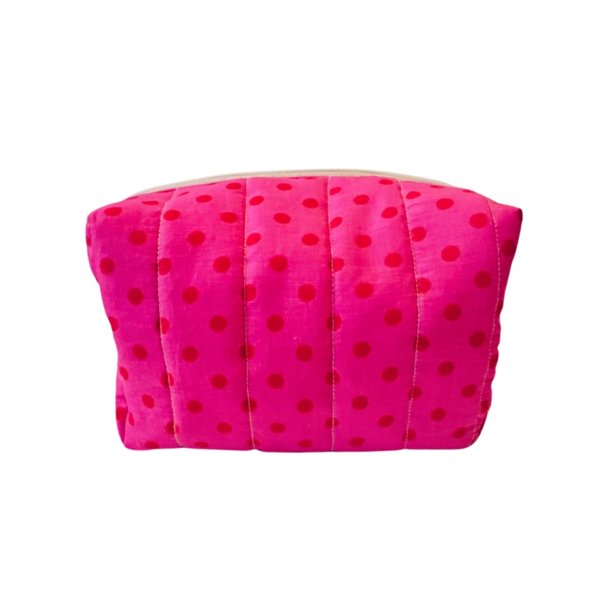 Pink-Red Polkadot Quilted Makeup Pouch for Women,Cosmetic Bag for Makeup, Toiletries & Travel Essentials,Zipper Organizer, Lightweight Vanity Pouch (13H,14W,22L) - Image 2